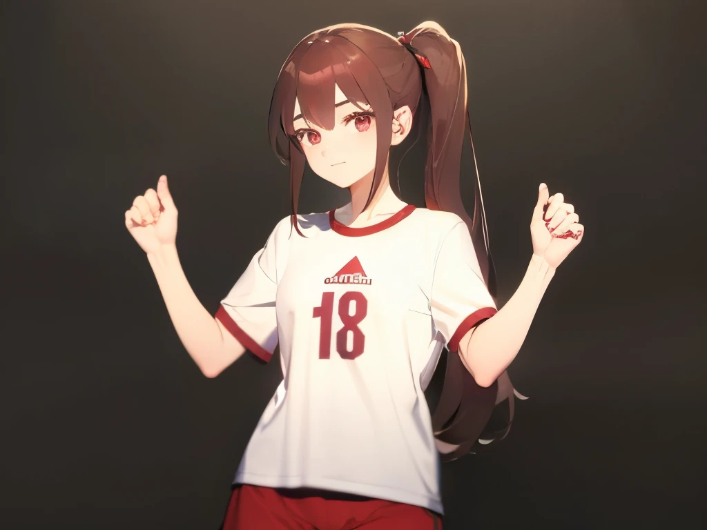 Height of a :About 165cm in height:Slender and healthy face:Oval face,Delicate features and eyes:Big and bright hair:maroon,Long hair,Ponytail skin color:Wearing fair skin with a little rosiness:Sports shorts and T-shirt