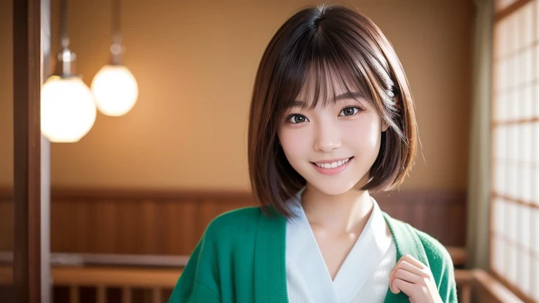 Produce the highest quality and highest resolution 8K images。The model is a 20-year-old Japanese woman.。The image depicts her posing and smiling for the camera.。She has brown eyes and a model figure.、She has an idol-level cute face.。Her hair is bob。Skin has a healthy color。Clothes、I&#39;m wearing early summer clothes。Please imagine the situation of taking a commemorative photo while traveling alone.。