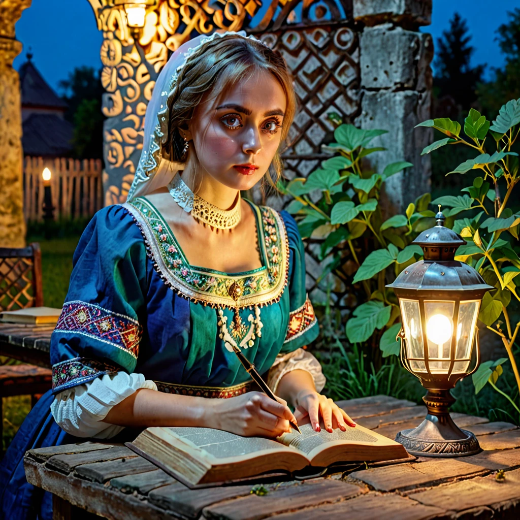 A photo of a beautiful woman in a traditional russian dress looking at ancient slavic book under lamp on a low table in garden surrounded by old walls in a peaceful night,((her right hold a pen and her left hand place on table)),((masterpiece)),realistic,4k,extremely detailed,((beautiful big eyes))