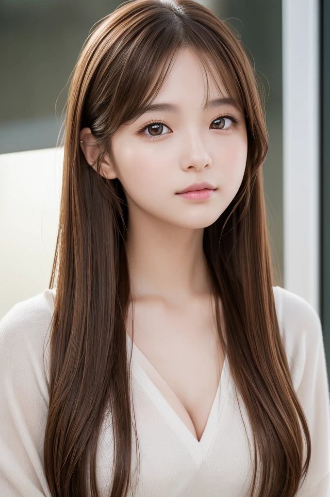 (High resolution:1.3), (16k, Photorealistic, Raw photo, Best image quality: 1.4), Japanese, (One Girl), Beautiful Face, (A vivid face), (Brown hair、Long Hair:1.3、Center parted forehead:1.5), (Brown Eyes 1.3), Beautiful Hairstyles, Realistic eyes, Beautifully detailed eyes, (Realistic Skin), Beautiful skins, attractive, 超A high resolution, Surreal, High detail, Golden Ratio, Highly detailed cute girl,(20-year-old)