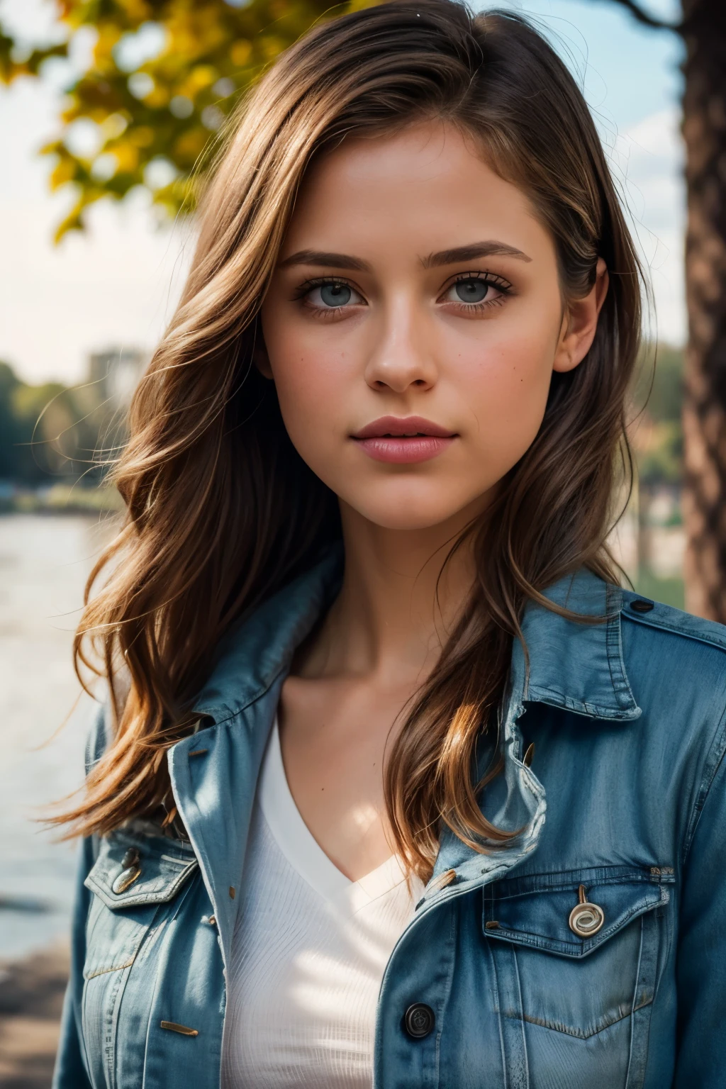 (best quality, 4k, 8k, highres, masterpiece:1.2), ultra-detailed, realistic, (photorealistic:1.37), beautiful detailed eyes, beautiful detailed lips, extremely detailed face, long eyelashes, intimate view, classic oil painting, vibrant colors, warm tones, atmosphere, young and beautiful, Teresa Palmer, slim and slender, timid expression, random hairstyle, detailed hair, flawless skin texture, perky, gentle breeze, sexy and feminine pose, light smile, short open jacket coat, walking in a park next to a river, Denmark, winter time, afternoon, {{{Front POV}}}, rim lighting, dimly lit, 30 year old.