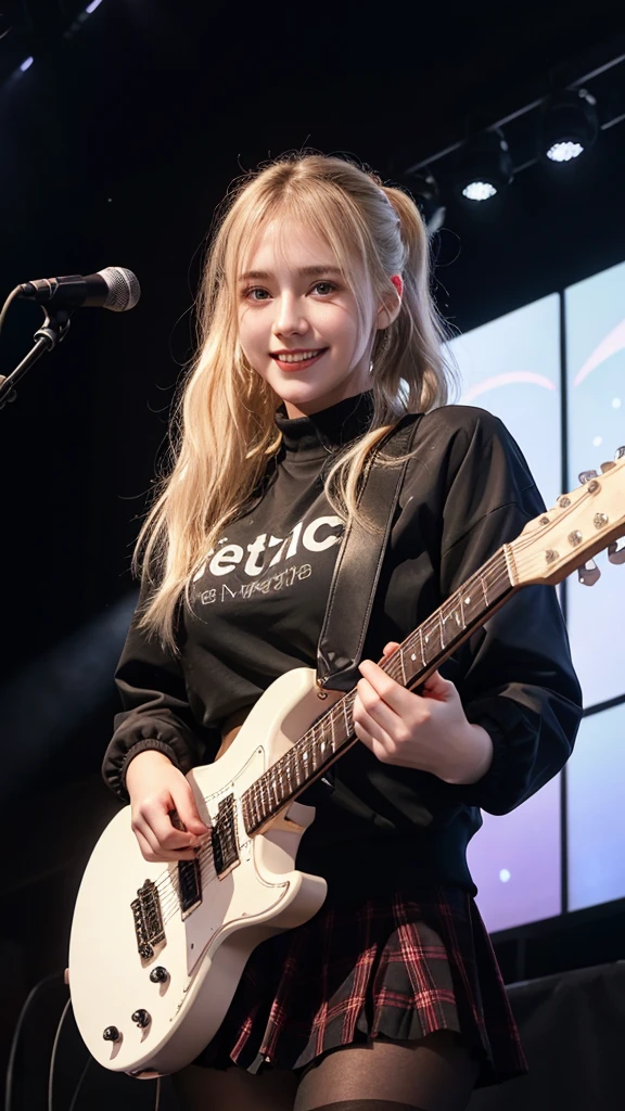 ((best quality)), photorealistic, photorealism, Photorealistic, high resolution, black jacket、 white t shirt 、Red checked knee-length skirt、Long skirt、JK Style、Jacket、smile、Knee-high socks、Thigh-high socks、pantyhose、A superb beauty、Super cute、ennui、Rare beauty、pony tail hair、Black Dark Eyeshadow、Sad、white skin、pale skin、pony tail hair、Dark Gothic Makeup、Cute Smile、Fragrant beauty、Stained glass background、Mastepiece、Best Quality、Refers to 5 books、Sweat glistening on my chest、Sweat glistening on my face、Small breasts、Blonde hair、Age 20 years old、Mysterious look、A sad expression、Blonde Hair、mysterious gothic church、enchanting castle、Sweating profusely all over the body、A lot of sweat and light on the thighs、Shiny thighs、Plenty of sweat glistening on the thighs、A large amount of sweat glistens on my thighs、Sweating profusely、Gal、Large breasts、beautiful face、Alluring expression、Thin thighs、Playing electric guitar、I have an electric guitar、Sing a song enthusiastically、Playing guitar in a band、Playing guitar chords、Live House Background、Sing a song、Open your mouth、Live house scenery、Mike stand、Glamorous live stage、Dynamic Angle、cinematic lighting