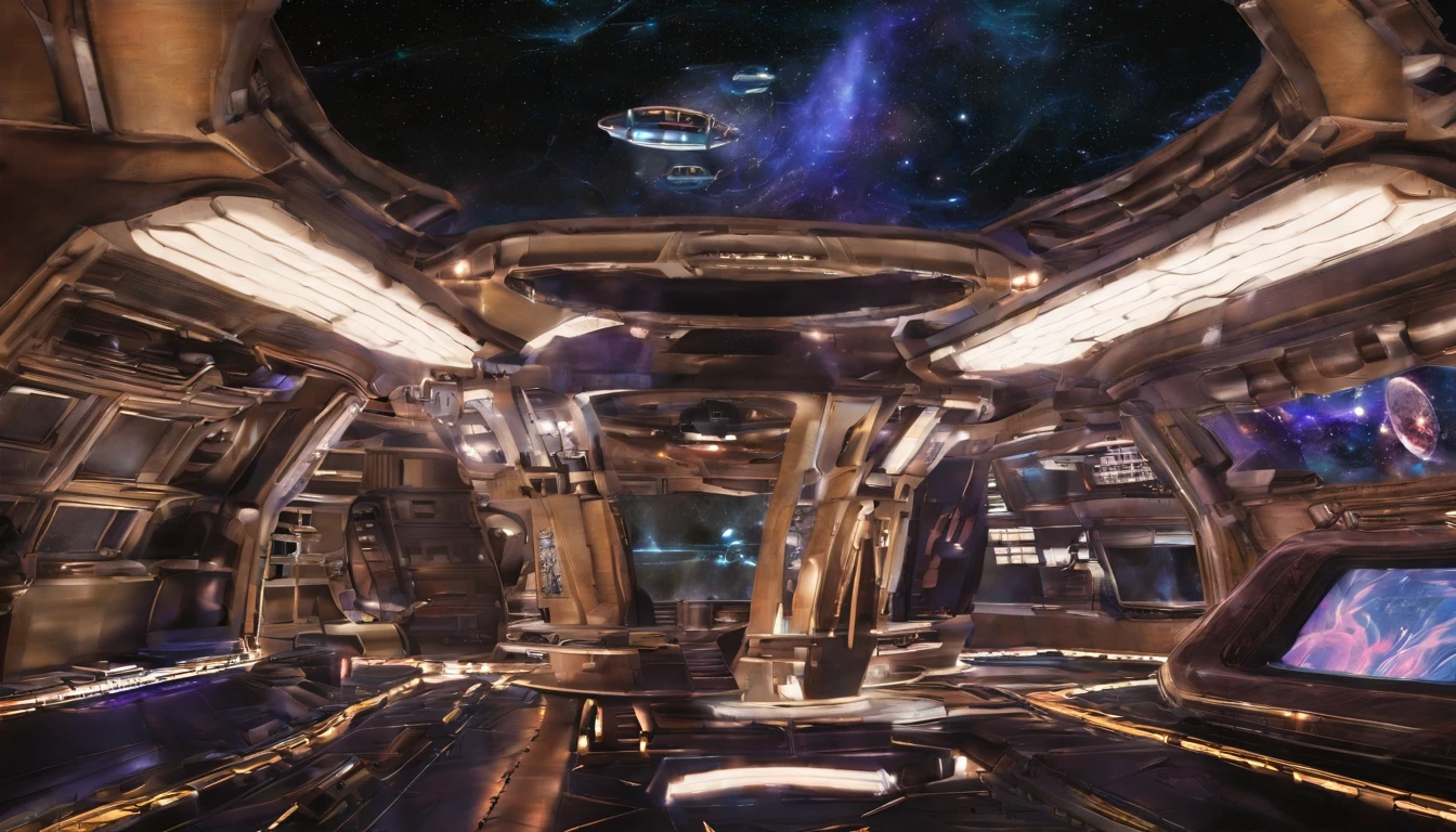 An avant-garde, awe-inspiring 3D render of a futuristic starship, masterfully blending the imaginative realms of Jules Verne, Cosmicpunk, Gerry and Sylvia Anderson, Larry Niven, and Jules Verne. The spaceship's base design is a Freightliner tractor trailer, while its bridge resembles a 75% version of a 1957 Chevy Nomad and a 1980s Mack Truck cab. A breathtaking conceptual art piece showcasing an enormous space station, Deep Space 9 style but in the shape of Babylon 5. In the style of protovision and 3D render, the station is surrounded by six O'Neal Class space stations, arranged in equilateral formation, with one in the center. The space station is as massive as 10 times Saturn and generates its own power, illuminating the surrounding area with vibrant glass and crystal diamond-like structures. It's a world memorizing world into itself. At the zenith, of the structure is the command center, in the shape of a metallic gold wired constructed circular 1974 Winnebago. This cinematic scene, inspired by Walter Matt Jeffries, Arthur C Clarke, & Leonardo Da Vinci, features a massive bustling spaceport with hundreds of starships constantly arriving and departing, while the background showcases a stunning cosmic landscape of stars, a nebula, and a comet. It's in 2 million UHD Resolution. The overall composition is a masterful blend of architecture, portrait photography, and the vision of life in the year 5,000., conceptual art, fashion, cinematic, photo, dark fantasy, 3d render, portrait photography, graffiti, architecture, Vibrant Glass.