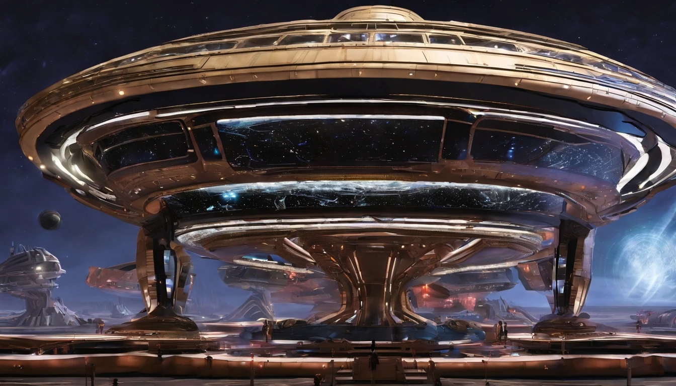 An avant-garde, awe-inspiring 3D render of a futuristic starship, masterfully blending the imaginative realms of Jules Verne, Cosmicpunk, Gerry and Sylvia Anderson, Larry Niven, and Jules Verne. The spaceship's base design is a Freightliner tractor trailer, while its bridge resembles a 75% version of a 1957 Chevy Nomad and a 1980s Mack Truck cab. A breathtaking conceptual art piece showcasing an enormous space station, Deep Space 9 style but in the shape of Babylon 5. In the style of protovision and 3D render, the station is surrounded by six O'Neal Class space stations, arranged in equilateral formation, with one in the center. The space station is as massive as 10 times Saturn and generates its own power, illuminating the surrounding area with vibrant glass and crystal diamond-like structures. It's a world memorizing world into itself. At the zenith, of the structure is the command center, in the shape of a metallic gold wired constructed circular 1974 Winnebago. This cinematic scene, inspired by Walter Matt Jeffries, Arthur C Clarke, & Leonardo Da Vinci, features a massive bustling spaceport with hundreds of starships constantly arriving and departing, while the background showcases a stunning cosmic landscape of stars, a nebula, and a comet. It's in 2 million UHD Resolution. The overall composition is a masterful blend of architecture, portrait photography, and the vision of life in the year 5,000., conceptual art, fashion, cinematic, photo, dark fantasy, 3d render, portrait photography, graffiti, architecture, Vibrant Glass.