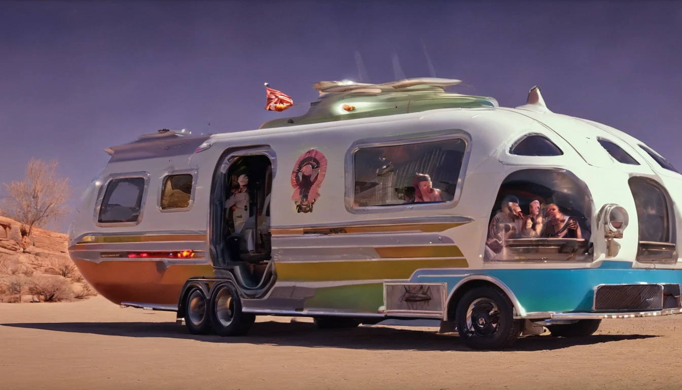 6 1974 Winnebagos stacked on each other built on a tank wheels is rolling on a tundra with a groups of people living inside.The vehicle has& features an open deck areas where the families enjoy spending time together.There are many chairs on the decks, as well as some dining tables for outdoor meals.The scene captures a unique& cozy lifestyle for people.Styles of Larry Niven, insanely symmetrical. Extremely realistic scene.