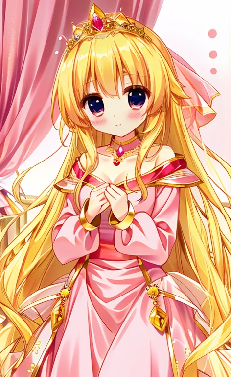 Beautiful long blonde　Princess in a pink dress　Gold Tiara　Long sleeve　Shyness　tied_wrist