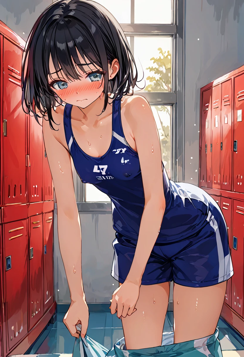 ((1girl)), locker room, There is no one around, evening, Sunset is shining through the window, nsfw, masterpiece, 8k, Girl, Small breasts, 12yo, Light, god々Shii, まぶShii, Black Hair, nipple, Embarrassed face, blush, Sweat, Changing clothes, In the middle of taking off your pants, Leaning forward, Close-up of cleavage
