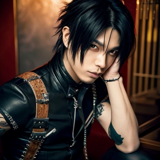 1 japanese male rocker, asien eyes, Visual Kai hairstyle, ultra detailed face, body and eyes, hyperrealistic, realistic representation, muscular, broad shoulders, tattoos gothic style, Visual Kei style, 30 years old, age 30, outfit gothic streampunk, men's shirt and black pants, rocker outfit, black and blond hair, full body