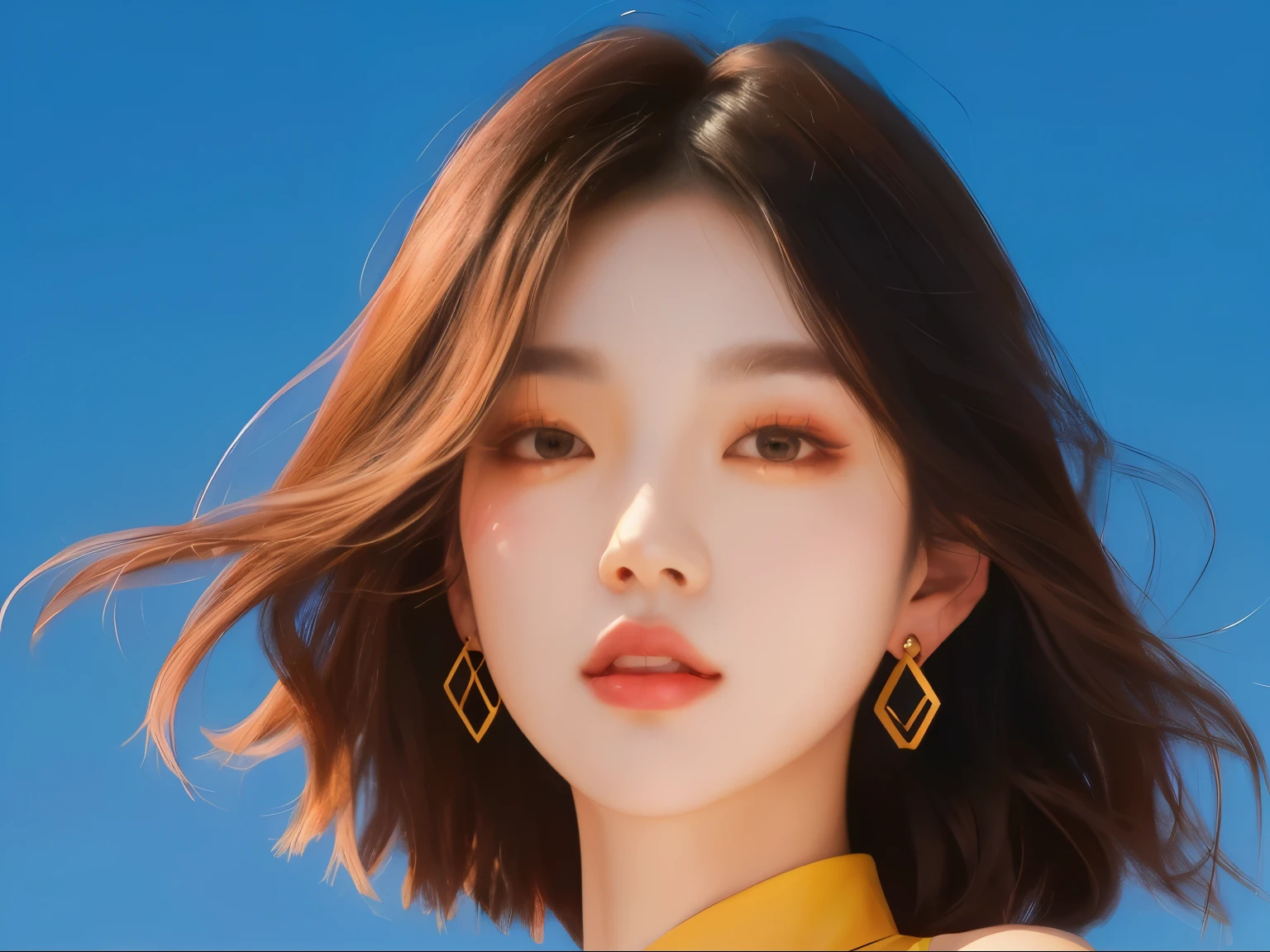 A man wearing a shirt、Close-up of lady wearing earrings, Artwork in the style of Guweiz, Portrait of a Korean female idol, Low Detail. number, 8k portrait rendering, April Rendering, inspired by Yanjun Cheng, Kawaii realistic portrait, Portrait of kpop idol, Inspired by meditation, author：Russell Dongjun Lu, adorable number