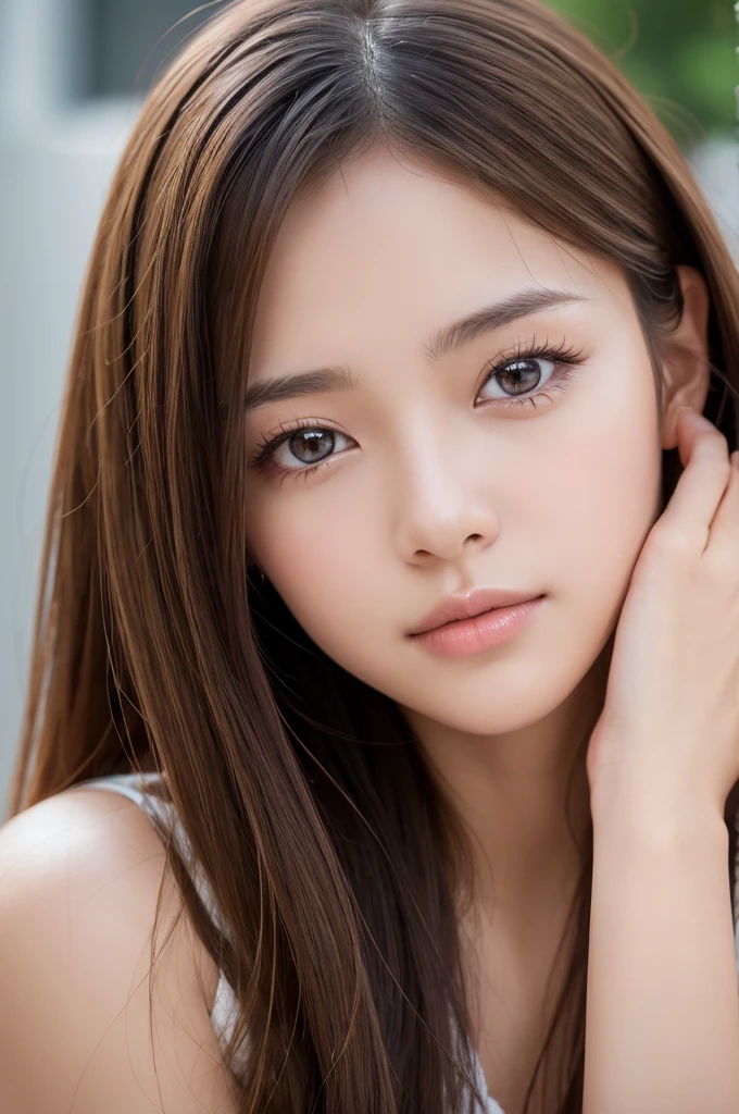 (High resolution:1.3), (16k, Photorealistic, Raw photo, Best image quality: 1.4), Japanese, (One Girl), Beautiful Face, (A vivid face), (Brown hair、Long Hair:1.3、bangs:0.1), (Brown Eyes 1.3), Beautiful Hairstyles, Realistic eyes, Beautifully detailed eyes, (Realistic Skin), Beautiful skins, attractive, 超A high resolution, Surreal, High detail, Golden Ratio, Highly detailed cute girl,(20-year-old)