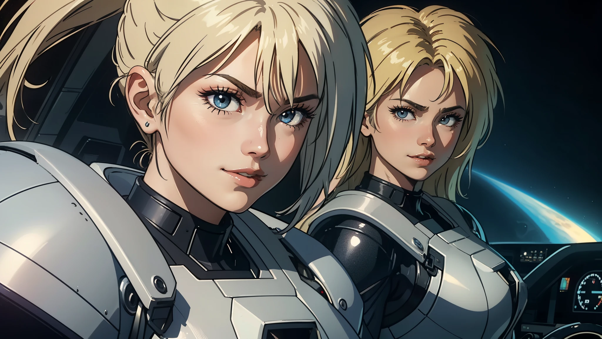 ((top quality)), ((masterpiece)), (be aware of), (a high resolution), 8K, perfect face、2 women、Two blondes、((Two people piloting a mobile suit in the cockpit))、fearless smile、High、2. long hair、2. voluminous hairstyle、big breasts、slim waist、big ass、glamorous、modern、Defender、armor、combat suit、Combat boots、armament、Cinematic、best shadow、Side lighting、Neo Tokyo、((pilot and Gunnar))、(Close-up of face)