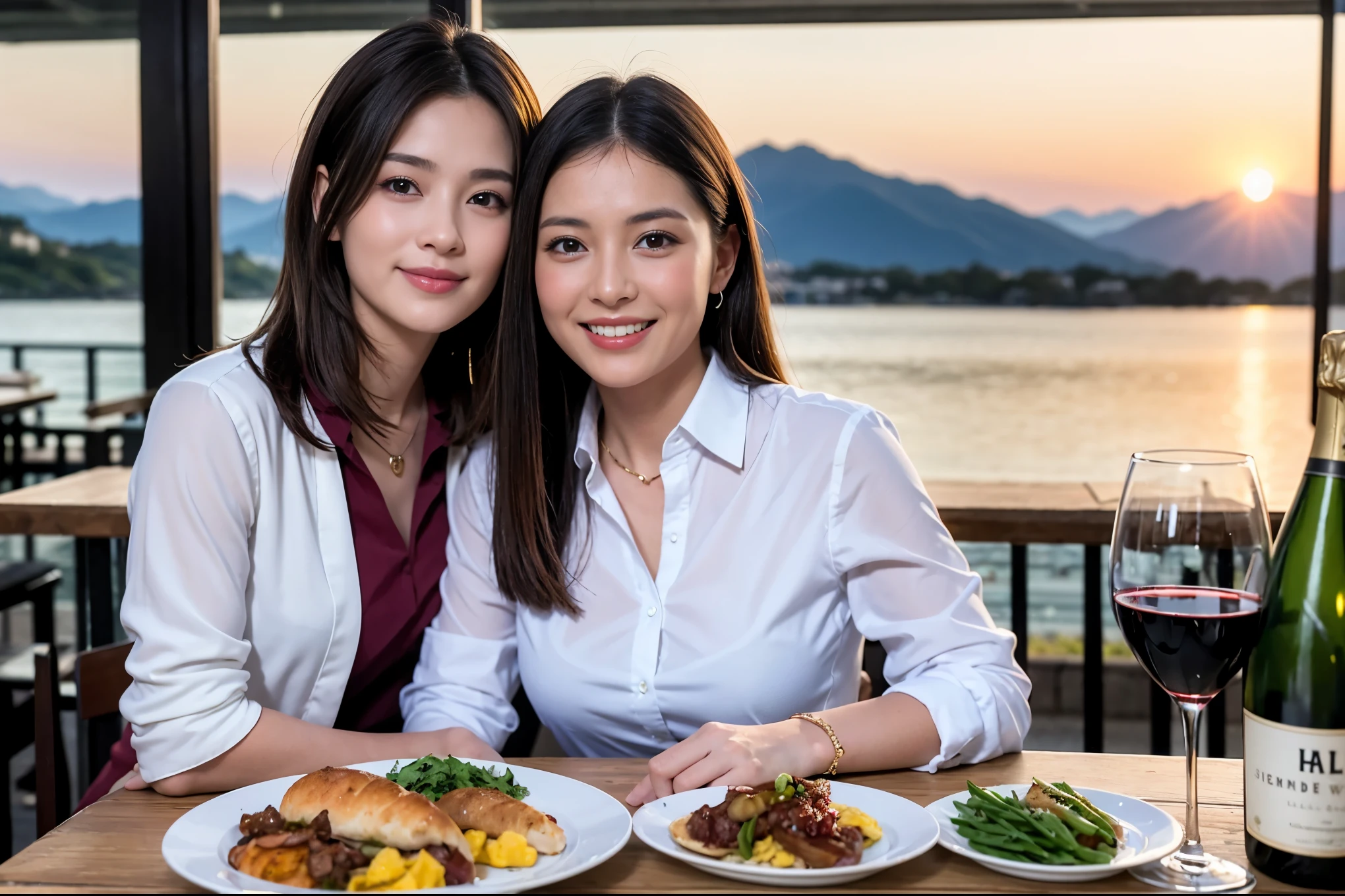 ((highest quality、8k、masterpiece:1.3))、1 male、1 female、lover、Beautiful couple、Smile、 (Slim face), (the body is スリム), (Brown Hair), (Shortcuts), ((Bob Hale、Straight hair:1.2)), Wine glass on the table、Please shine a light on my face、 Amazing view of the sunset sky and clouds、Amazing mountain views、The beauty of a smile、Bright image、Blushing, Shortcuts,Bright Face、 (Age 35), 39 years old, red wine 、Appetizers、Italian food、Wine bottle、Champagne、sparkling wine、Long sleeve shirt、dress、Attractive beauty、restaurant, Nova Frog Style, actress, model, Upper Body, White wine, red wine, wine glass,