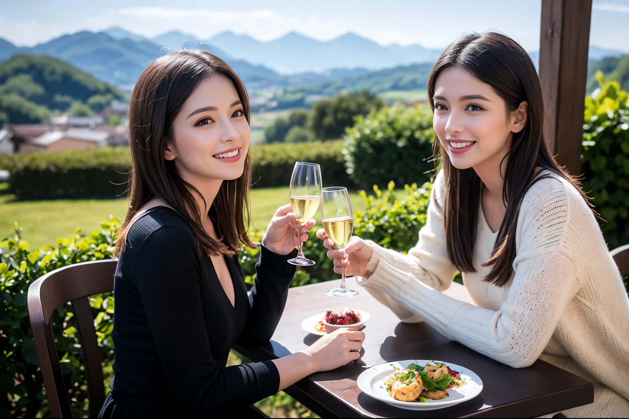 ((highest quality、8k、masterpiece:1.3))、1 male、1 female、lover、Beautiful couple、Smile、 (Slim face), (the body is スリム), (Brown Hair), (Shortcuts), ((Bob Hale、Straight hair:1.2)), Wine glass on the table、Please shine a light on my face、 Amazing view of the sunset sky and clouds、Amazing mountain views、The beauty of a smile、Bright image、Blushing, Shortcuts,Bright Face、 (Age 35), 39 years old, red wine 、Appetizers、Italian food、Wine bottle、Champagne、sparkling wine、Long sleeve shirt、dress、Attractive beauty、restaurant, Nova Frog Style, actress, model, Upper Body, White wine, red wine, wine glass,