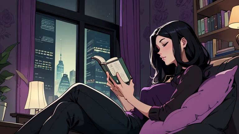 Beautiful woman in her 30s with black hair is sitting on the sofa. Looking down, eyes closed, LOFI girl, alone in the room, blouse, cozy wallpaper, big cushion, bookshelf, relaxing mood, night core, cozy, wide glass window with skyscrapers, outside view at night, only five fingers, purple wall, Holding a book in hand