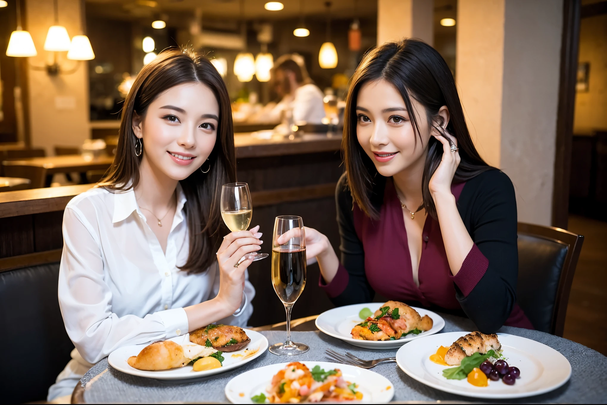 ((highest quality、8k、masterpiece:1.3))、1 male、1 female、lover、Beautiful couple、Smile、 (Slim face), (the body is スリム), (Brown Hair), (Shortcuts), ((Bob Hale、Straight hair:1.2)), Wine glass on the table、Please shine a light on my face、 Amazing view of the sunset sky and clouds、Amazing mountain views、The beauty of a smile、Bright image、Blushing, Shortcuts,Bright Face、 (5), 39 years old, red wine 、Appetizers、Italian food、Wine bottle、Champagne、sparkling wine、Long sleeve shirt、dress、Attractive beauty、restaurant, Nova Frog Style, actress, model, Upper Body, White wine, red wine, wine glass, 