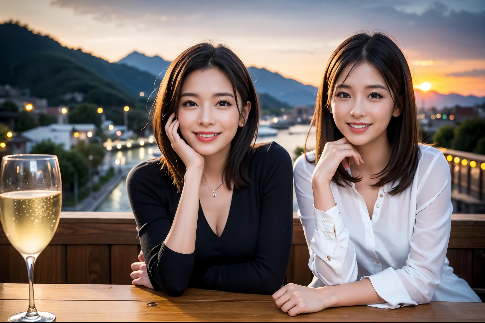 ((highest quality、8k、masterpiece:1.3))、1 male、1 female、lover、Beautiful couple、Smile、 (Slim face), (the body is スリム), (Brown Hair), (Shortcuts), ((Bob Hale、Straight hair:1.2)), Wine glass on the table、Please shine a light on my face、 Amazing view of the sunset sky and clouds、Amazing mountain views、The beauty of a smile、Bright image、Blushing, Shortcuts,Bright Face、 (Age 35), 39 years old, red wine 、Appetizers、Italian food、Wine bottle、Champagne、sparkling wine、Long sleeve shirt、dress、Attractive beauty、restaurant, Nova Frog Style, actress, model, Upper Body, White wine, red wine, wine glass, 
