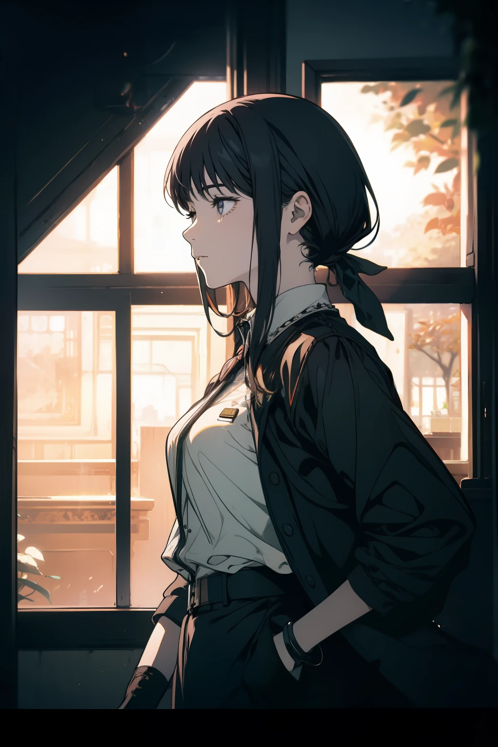 ((best quality)), ((masterpiece)), (detailed), Perfect face,A female security guard with short black hair and a bleeding arm,Observe the situation inside the room from outside the door
