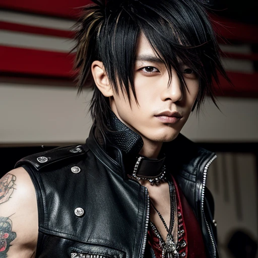 1 japanese male rocker, asien eyes, Visual Kai hairstyle, ultra detailed face, body and eyes, hyperrealistic, realistic representation, muscular, broad shoulders, tattoos gothic style, Visual Kei style, 30 years old, age 30, outfit gothic streampunk, men's shirt and black pants, rocker outfit, black and blond hair, full body