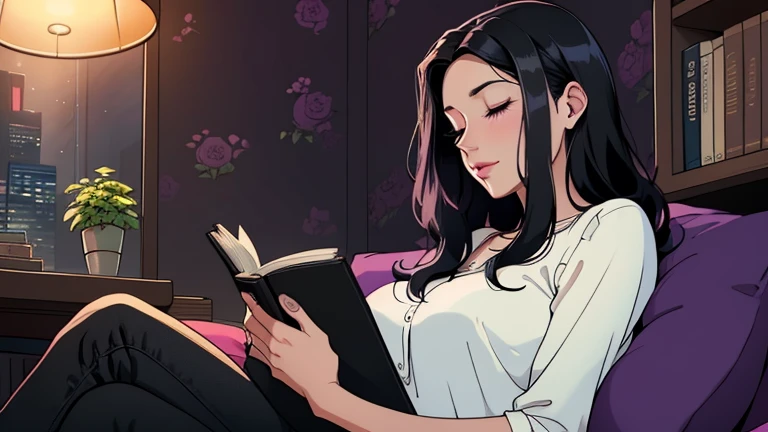 Beautiful woman in her 30s with black hair is sitting on the sofa. Looking down, eyes closed, LOFI girl, alone in the room, blouse, cozy wallpaper, big cushion, bookshelf, relaxing mood, night core, cozy, wide glass window with skyscrapers, outside view at night, only five fingers, purple wall, Holding a book in hand,