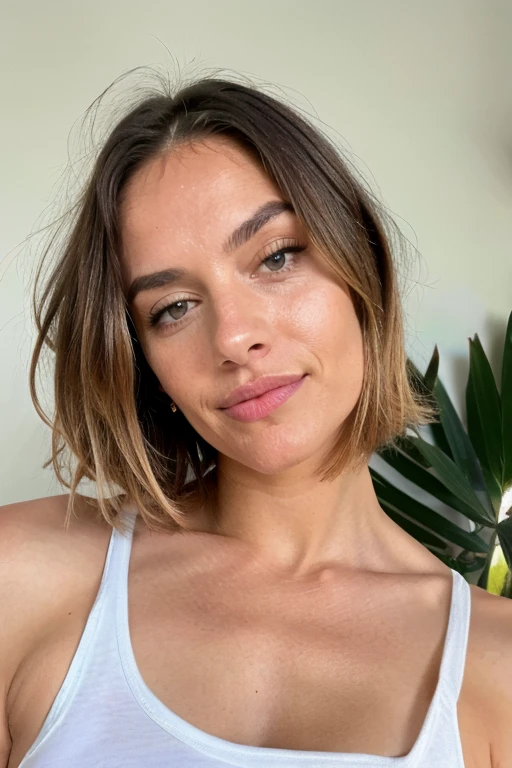 A tall woman, 30 year old European female. She is Mature, Kind, Sexy, Motherly, and Firmly. She has perfect fair skin, with a beautiful face. She has light brown eyes. Short blonde bob cut hairstyle. She has a motherly athletic build, large breasts, has a mole under her lip. Wearing a white tank top, half body, arms up, smooth armpits
