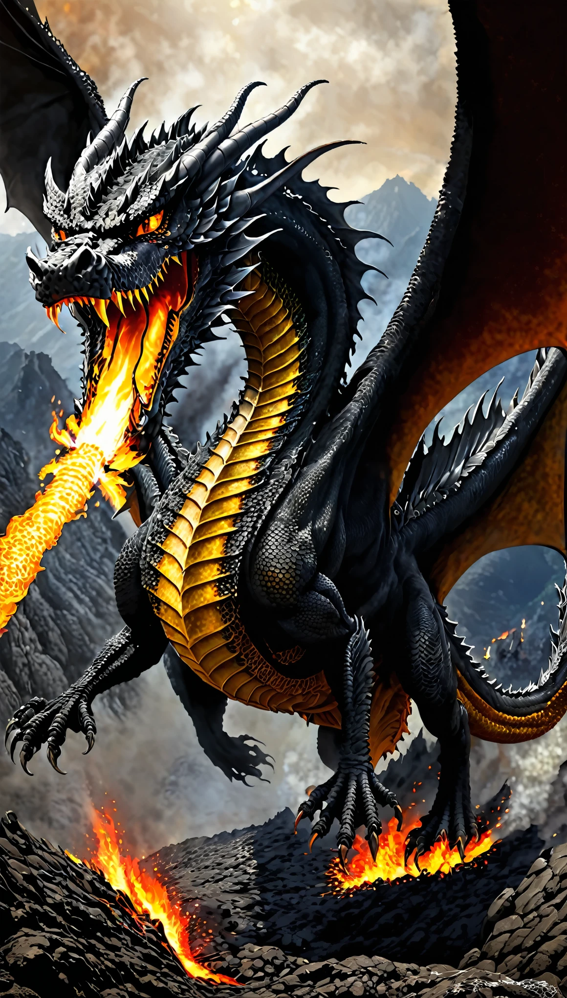 a dragon with a fire in its mouth flying over a mountain, fire dragon, ancalagon the black, the devil in hell as a dragon, dragon art, dragon in the background, drogon, dragon made out of molten lava, “fire breathing dragon, charging through a dragons lair, black dragon, ''dragon breathing fire, dragon!