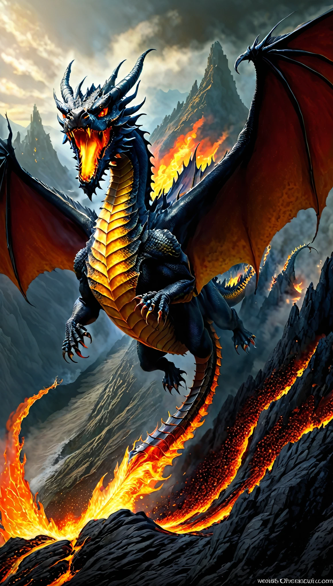a dragon with a fire in its mouth flying over a mountain, concept art by Pinchus Kremegne, trending on cgsociety, fantasy art, fire dragon, ancalagon the black, the devil in hell as a dragon, dragon art, dragon in the background, drogon, dragon made out of molten lava, “fire breathing dragon, charging through a dragons lair
