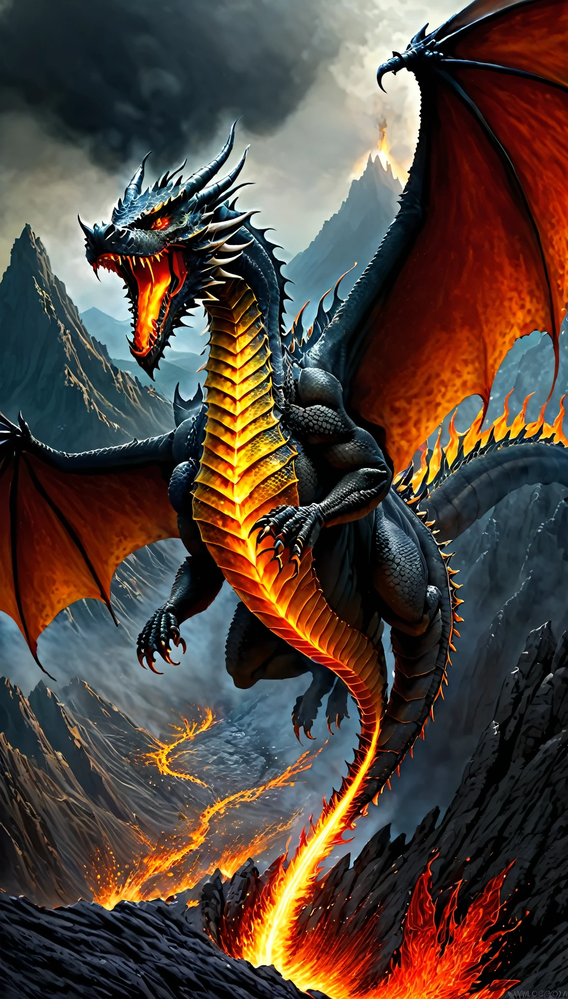 a dragon with a fire in its mouth flying over a mountain, concept art by Pinchus Kremegne, trending on cgsociety, fantasy art, fire dragon, ancalagon the black, the devil in hell as a dragon, dragon art, dragon in the background, drogon, dragon made out of molten lava, “fire breathing dragon, charging through a dragons lair