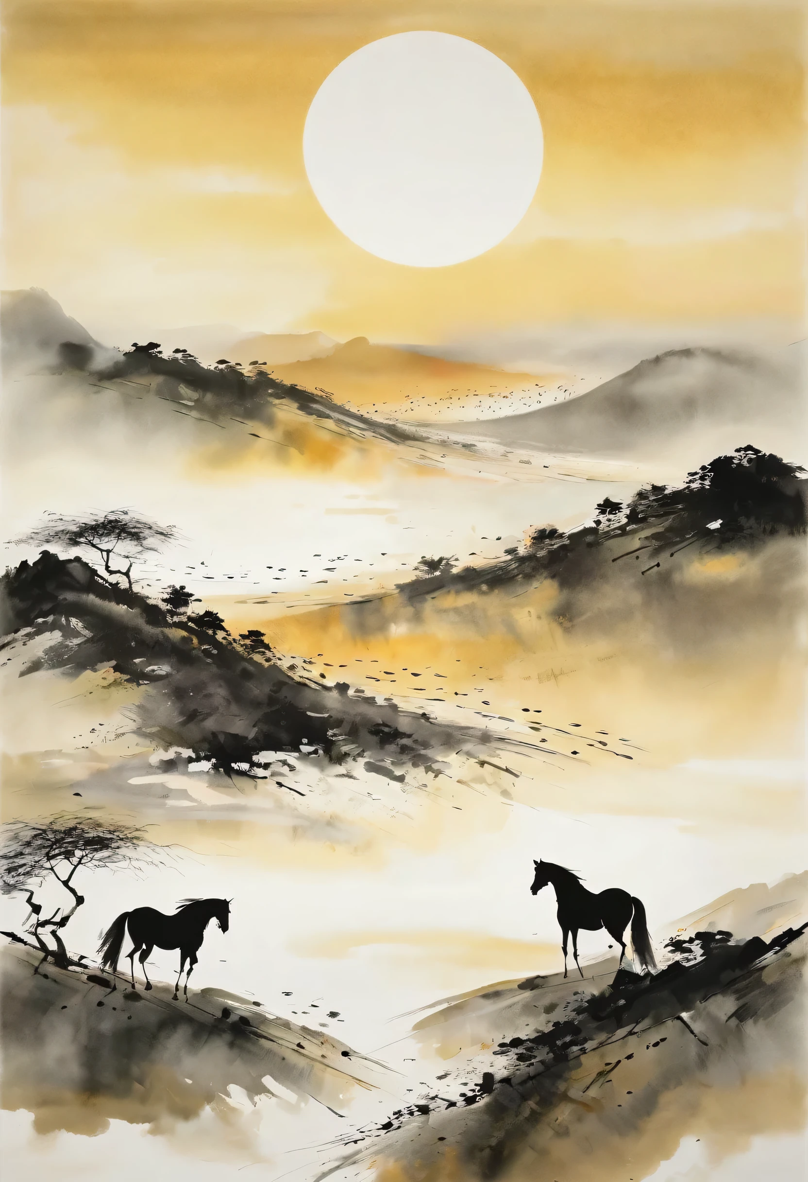 Inspired by the poetic scenes of ancient roads, The thin horse faces the west wind. Capture the mood of the sunset, Cast golden tones onto the landscape. Imitate Wu Guanzhong’s brushwork and aesthetics, Emphasize the simplicity and elegance of ink painting. depicting travelers, love and loneliness, Standing at the end of the world, Be struck by the vastness and beauty of the scene. Capturing the emotional depth and melancholy inherent in poetry.
