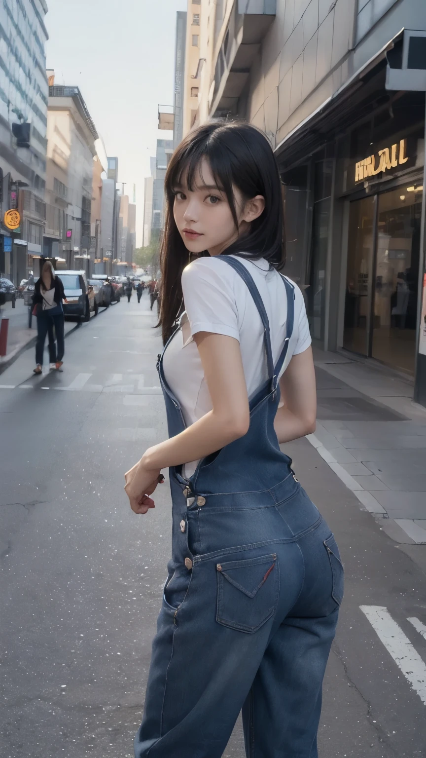 ((In the city:2.0)), ((Backwards:2.0, Point your ass to the camera:2.0)), ((overalls:2.0)), (Clothing:2.0, overalls:2.0, Sleeveless T-shirt:1.8, sneakers:1.5), ((In the city:2.0)), ((A grin:1.2, Small breasts:1.5, slender:1.5, Small Ass:1.5)), ((Japanese, 1 Girl, 18-year-old, 7 heads, Ideal body proportions, Black Hair, With bangs, Small breasts, Erect nipples, slender, Small Ass, Beautiful feet, Skinny Legs)), Surrealism, Cinematic Lighting, Depth of written boundary, First Person View, Boobs F/1.8, 135mm, Ticker, Mastepiece, Curate, ((Anatomically correct:1.3)), Textured skin, Super Detail, High detail, High quality, Awards, Best Quality, High resolution, 8K