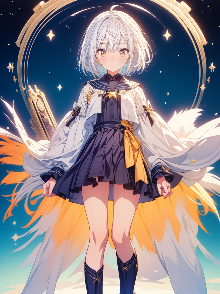 (((1girl)))、starの妖精、vtuber-fullbody、(((highest quality、Masterpiece、The best composition、Golden Ratio、Official Art、Super detailed、Super detailedな目)))、ultra detailed, from front, headshot、 White hair color、Short bangs above eyebrows、Short Hair、Standing in front of the viewer、着物とゴスロリをリメイクしたMilky Way柄の洋服、The sleeves are long and the hands are hidden、Knee-high boots、Pure white simple background、star、Milky Way、universe、流star群、