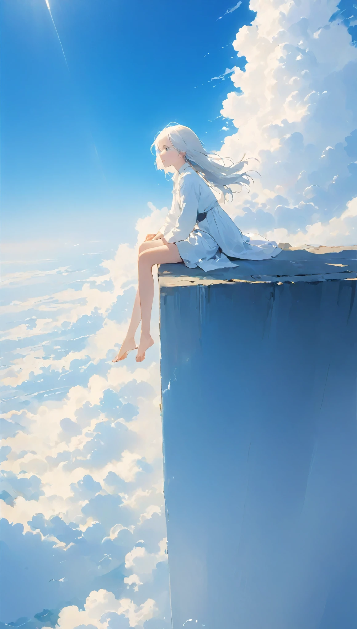 One Girl、highest quality、Masterpiece、A thin tower stretching high into the sky、Cylindrical Tower、sea of clouds、Blue sky、Sitting with legs crossed、Hair blowing in the wind、White Hair、Girl looking into the distance、White clothes、Barefoot、Full body angle、sea of clouds