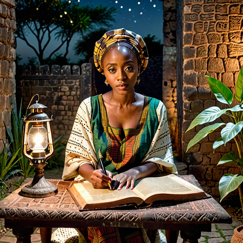 A photo of a beautiful woman in a african clothes looking at ancient african book under lamp on a low table in garden surrounded by old walls in a peaceful night,((her right hold a pen and her left hand place on table)),((masterpiece)),realistic,4k,extremely detailed,((beautiful big eyes))