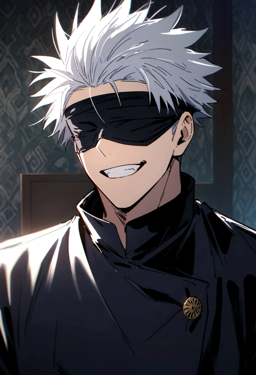 (1 male,satoru gojo,jujutsu kaisen,Gray Hair),(Gojo Satoru Costume Details:Black clothes with a high collar,(Black blindfold)), (Infinite Emptiness)Draw a scene from,Cynical smile,,Gojo is a tall adult male.,A highly likeable male character,Rising pale energy,Ishida Midori Style,I was impressed by Yoshihiro Togashi.,Black, white and blue as main colors,Intricate details,Wind,Impressive illustration work,Decadent,artwork,Perfect Anatomy,Anatomically correct,,Dynamically,nice,wonderful,Dark fantasy,Light and Darkness,Coming this way,(masterpiece:1.3),(highest quality:1.4),(ultra detailed:1.5),High resolution,extremely detailed,unity 8k wallpaper,Close-up shot