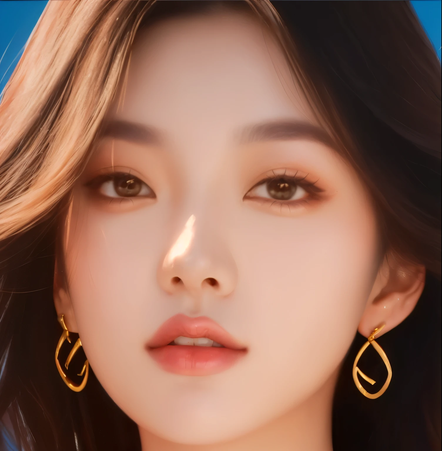 Close-up of a lady with long hair and gold earrings, Low Detail. number, Portrait of a Korean female idol, Artwork in the style of Guweiz, Inspired by meditation, round face, blackpink josie's portrait, Kawaii realistic portrait, Super detailed. number, detailed number, BLACKPINK Jisoo’s portrait