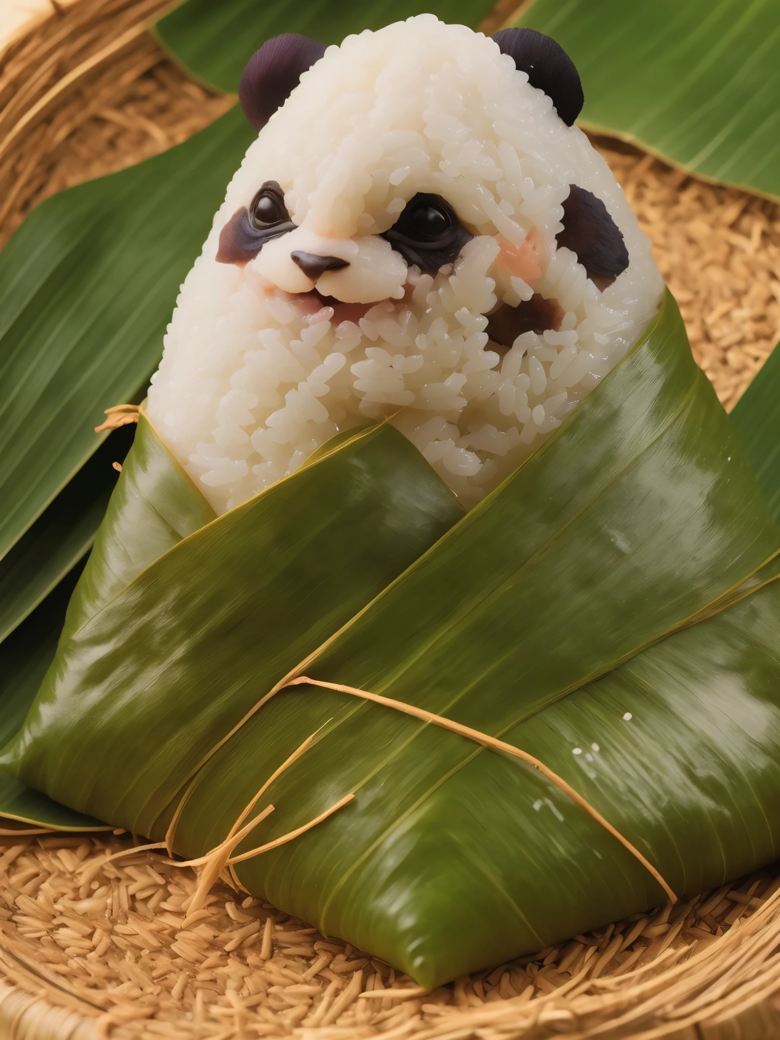 A panda-shaped zongzi, made of glutinous rice, has a cute expression, the lower half of the body is wrapped in tapered leaves, the head sticking out of the leaves, equidistant, cartoon-style, Macro Lens, studio light, nature, soft lighting, film grain, cowboy shot, epiCPhoto