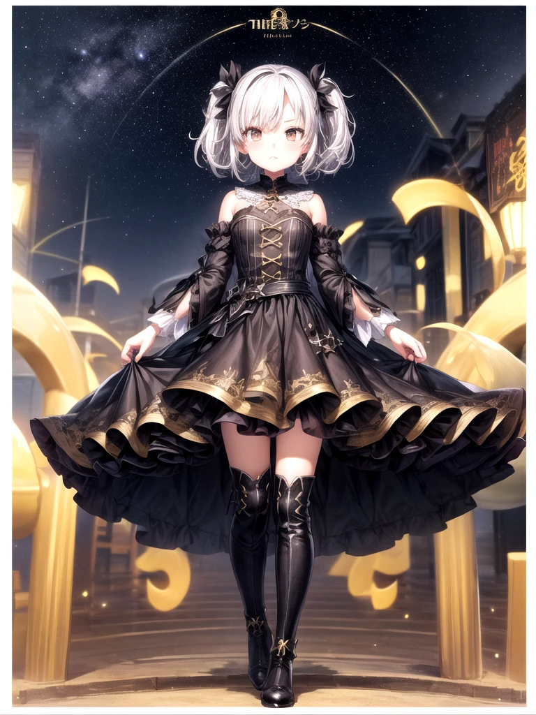 (((1girl)))、starの妖精、vtuber-fullbody、(((highest quality、Masterpiece、The best composition、Golden Ratio、Official Art、Super detailed、Super detailedな目)))、ultra detailed, from front, headshot、 White hair color、Short bangs above eyebrows、Short Hair、Standing in front of the viewer、着物とゴスロリをリメイクしたMilky Way柄の洋服、The sleeves are long and the hands are hidden、Knee-high boots、Pure white simple background、star、Milky Way、universe、流star群、