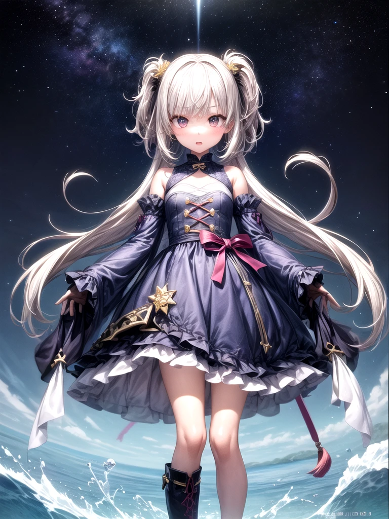 (((1girl)))、starの妖精、vtuber-fullbody、(((highest quality、Masterpiece、The best composition、Golden Ratio、Official Art、Super detailed、Super detailedな目)))、ultra detailed, from front, headshot、 White hair color、Short bangs above eyebrows、Short Hair、Standing in front of the viewer、着物とゴスロリをリメイクしたMilky Way柄の洋服、The sleeves are long and the hands are hidden、Knee-high boots、Pure white simple background、star、Milky Way、universe、流star群、