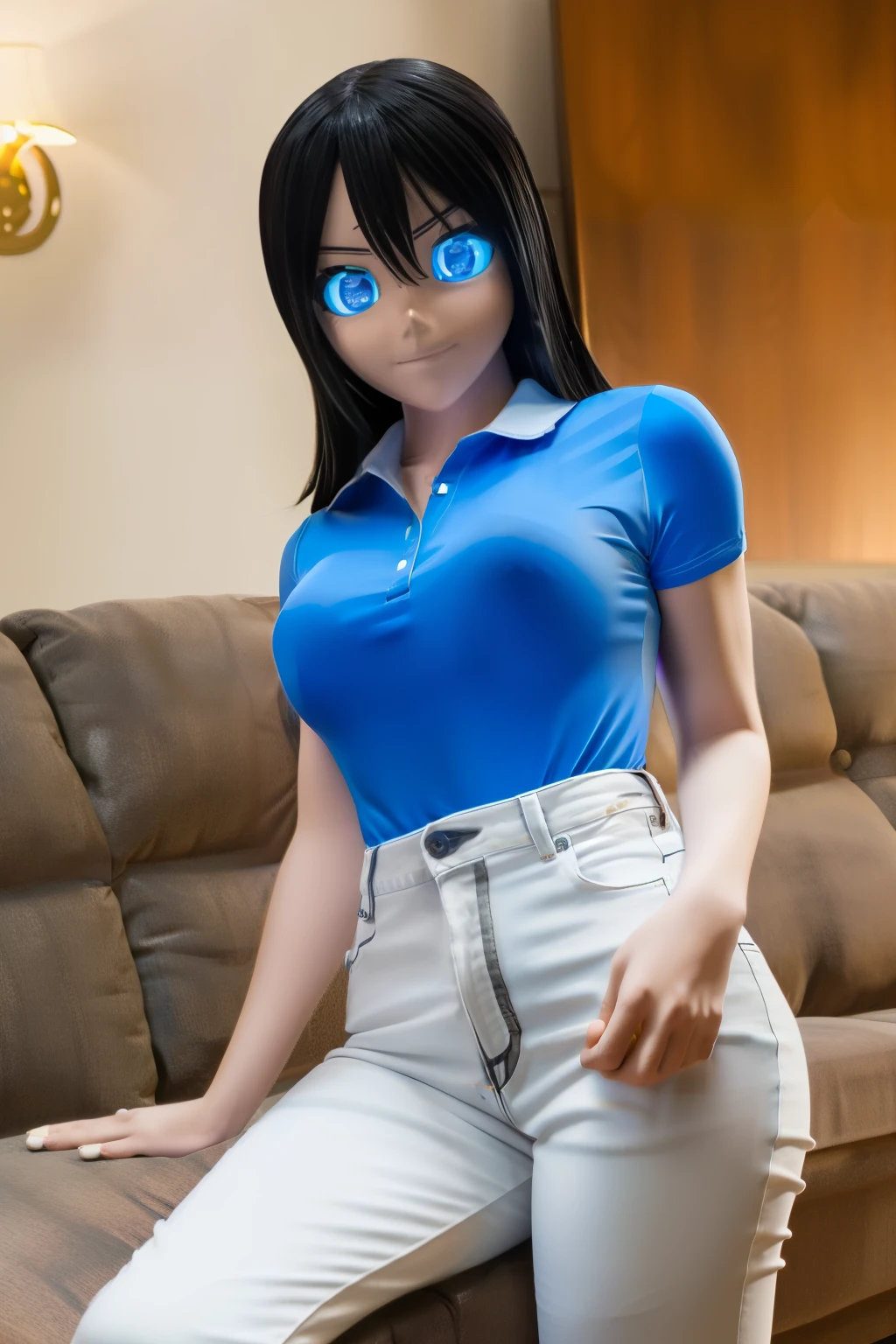animatronic housewife, black hair, blue eyes, blue shirt, jeans, glowing eyes, on the couch, nsfw