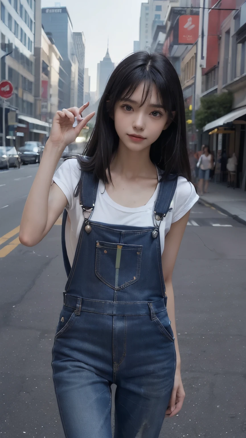 ((In the city:2.0)), ((Backwards:2.0, Point your ass to the camera:2.0)), ((overalls:2.0)), (Clothing:2.0, overalls:2.0, Sleeveless T-shirt:1.8, sneakers:1.5), ((In the city:2.0)), ((A grin:1.2, Small breasts:1.5, slender:1.5, Small Ass:1.5)), ((Japanese, 1 Girl, 18-year-old, 7 heads, Ideal body proportions, Black Hair, With bangs, Small breasts, Erect nipples, slender, Small Ass, Beautiful feet, Skinny Legs)), Surrealism, Cinematic Lighting, Depth of written boundary, First Person View, Boobs F/1.8, 135mm, Ticker, Mastepiece, Curate, ((Anatomically correct:1.3)), Textured skin, Super Detail, High detail, High quality, Awards, Best Quality, High resolution, 8K