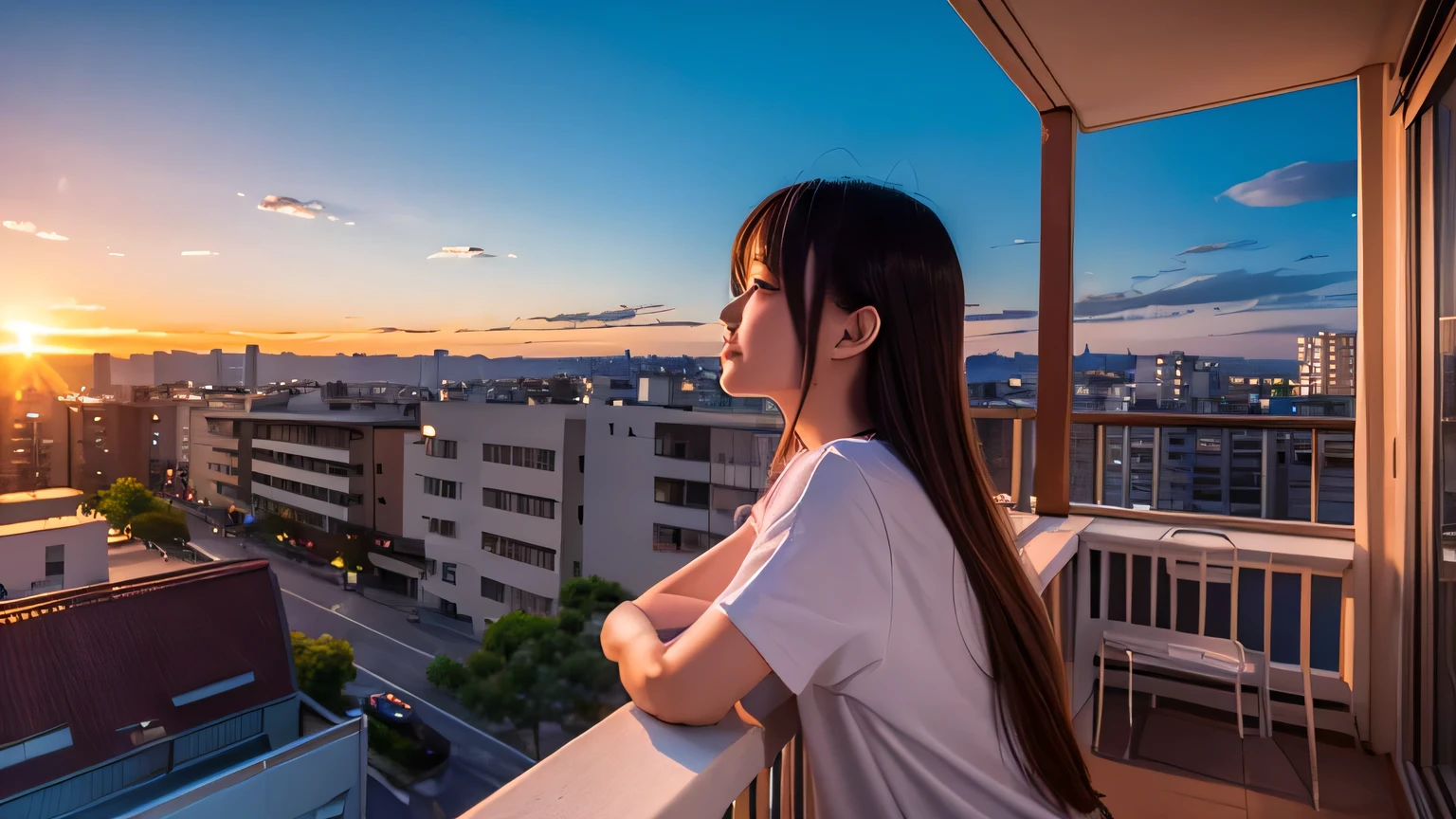 A beautiful girl watching the sunset from the balcony of an apartment、profile、Japanese anime style