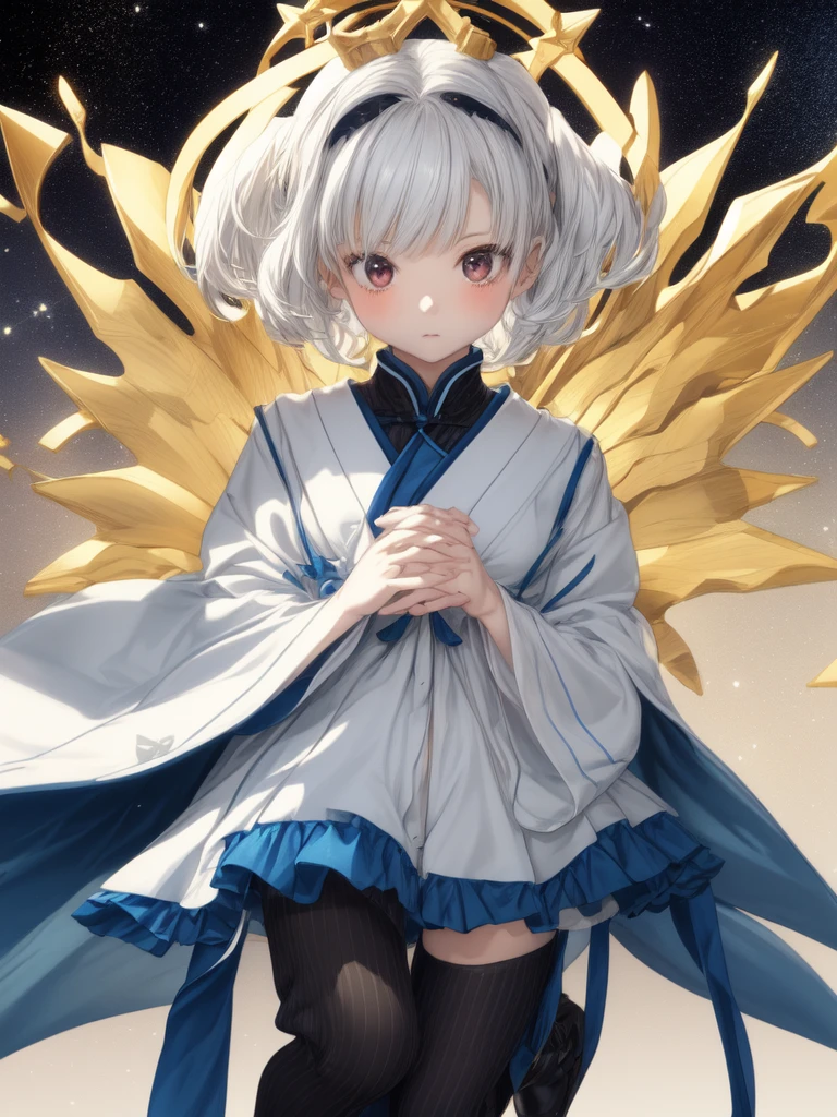 (((1girl)))、starの妖精、vtuber-fullbody、(((highest quality、Masterpiece、The best composition、Golden Ratio、Official Art、Super detailed、Super detailedな目)))、ultra detailed, from front, headshot、 White hair color、Short bangs above eyebrows、Short Hair、Standing in front of the viewer、着物とゴスロリをリメイクしたMilky Way柄の洋服、The sleeves are long and the hands are hidden、Knee-high boots、Pure white simple background、star、Milky Way、universe、流star群、