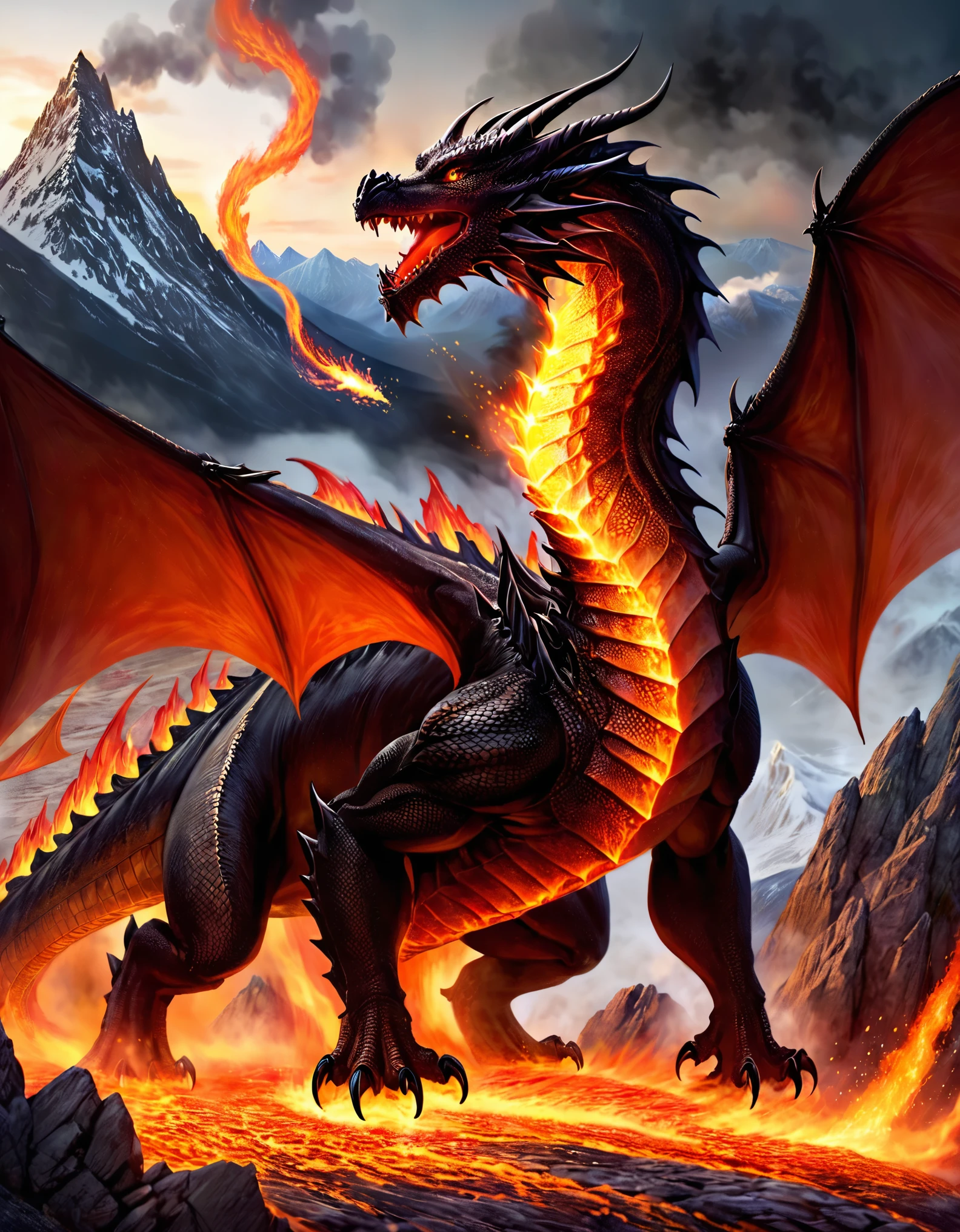 a dragon with a fire in its mouth flying over a mountain, concept art by Pinchus Kremegne, trending on cgsociety, fantasy art, fire dragon, ancalagon the black, the devil in hell as a dragon, dragon art, dragon in the background, drogon, dragon made out of molten lava, “fire breathing dragon, charging through a dragons lair