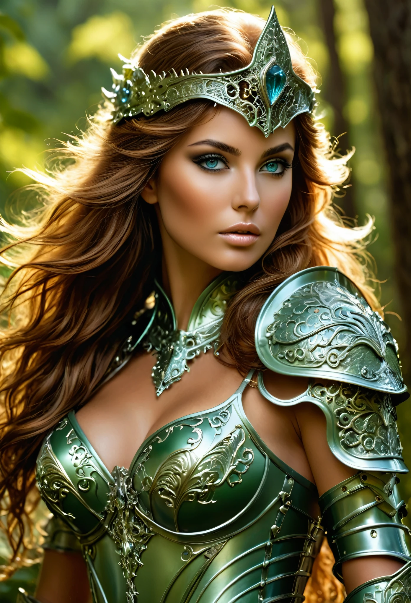 Adriana Malkova is a beautiful, ethereal knight, cheveux verts sombre lumineux, in the style of Boris Vallejo, highly detailed sexy filigree armor, very detailed face, highly detailed skin, sublimely shaped body, abdominaux légèrement dessinés, (Des proportions parfaites), Aesthetics of finely crafted, highly detailed metal, openwork metal lace, fond foret luxuriante, High quality, masterpiece, Realistic photo, Complex and detailed, 8k, hdr, faible profondeur de champ, Wide light, high contrast, backlight, Sharpness, Photo couleur brute, en regardant la caméra, couleurs fraîches, poitrine push-up, (finely detailed face, peau parfaite, finely detailed eyes, sublime chevelure, dentelle:1.8, dentelles:1.8)