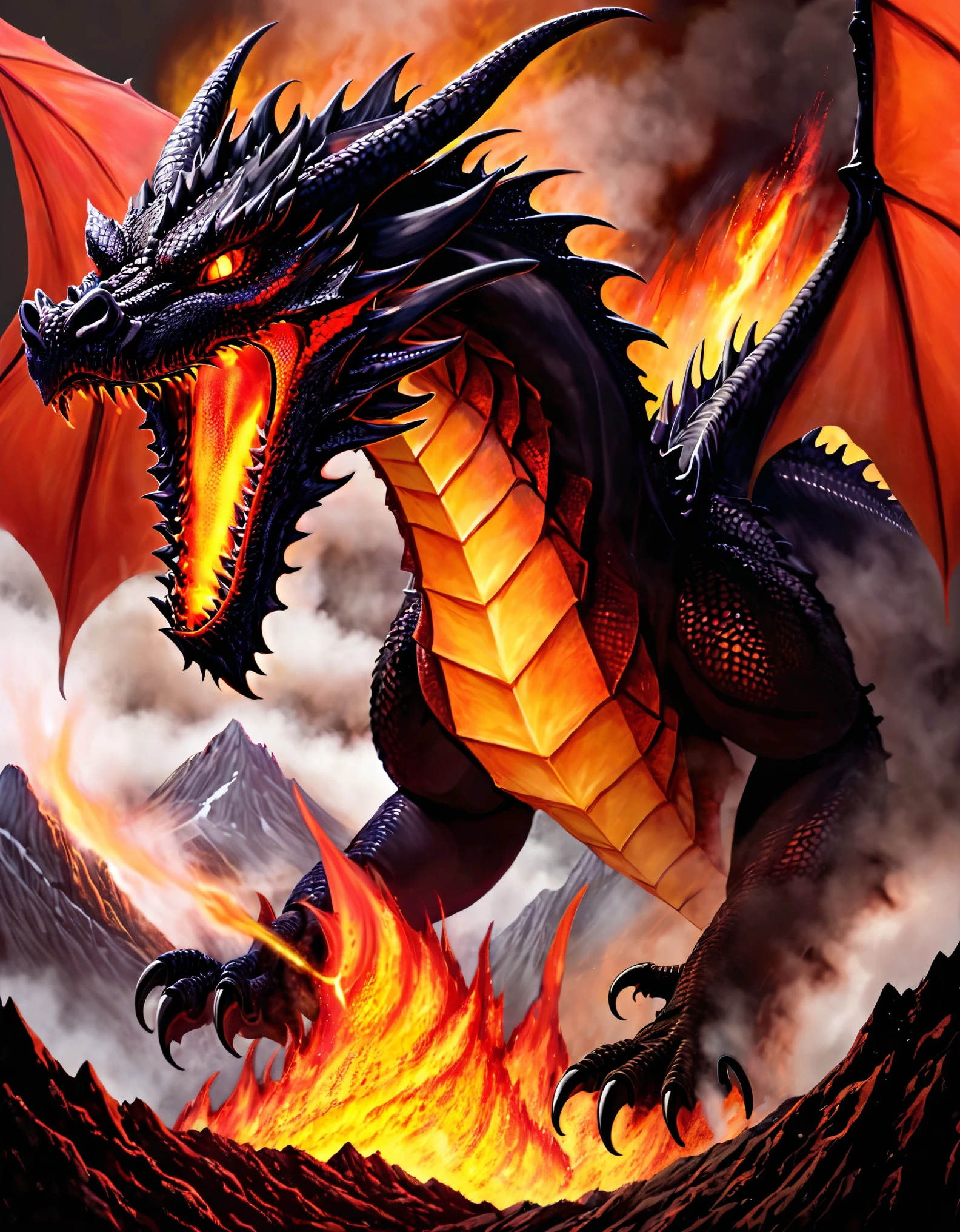 a dragon with a fire in its mouth flying over a mountain, fire dragon, ancalagon the black, the devil in hell as a dragon, dragon art, dragon in the background, drogon, dragon made out of molten lava, “fire breathing dragon, charging through a dragons lair, black dragon, ''dragon breathing fire, dragon!