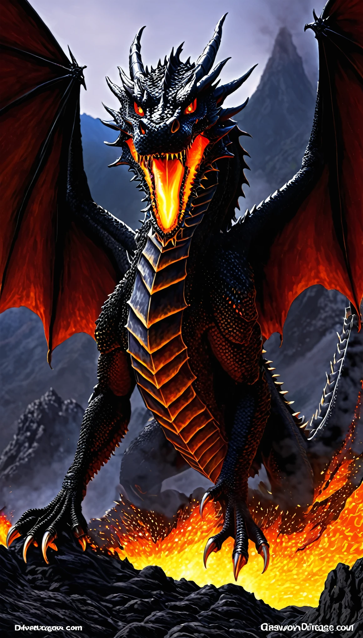 a dragon with a fire in its mouth flying over a mountain, fire dragon, ancalagon the black, the devil in hell as a dragon, dragon art, dragon in the background, drogon, dragon made out of molten lava, “fire breathing dragon, charging through a dragons lair, black dragon, ''dragon breathing fire, dragon!