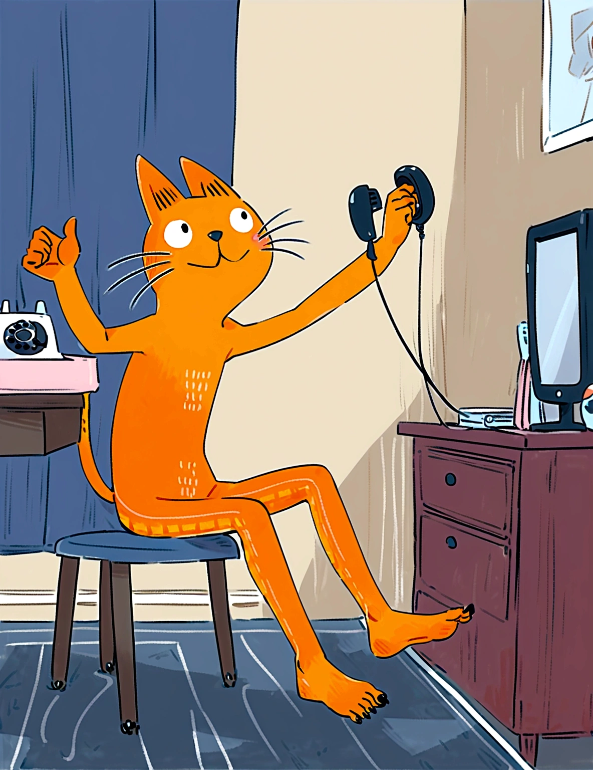 Short-limbed character, barefoot, smiling, desk, living room, telephone