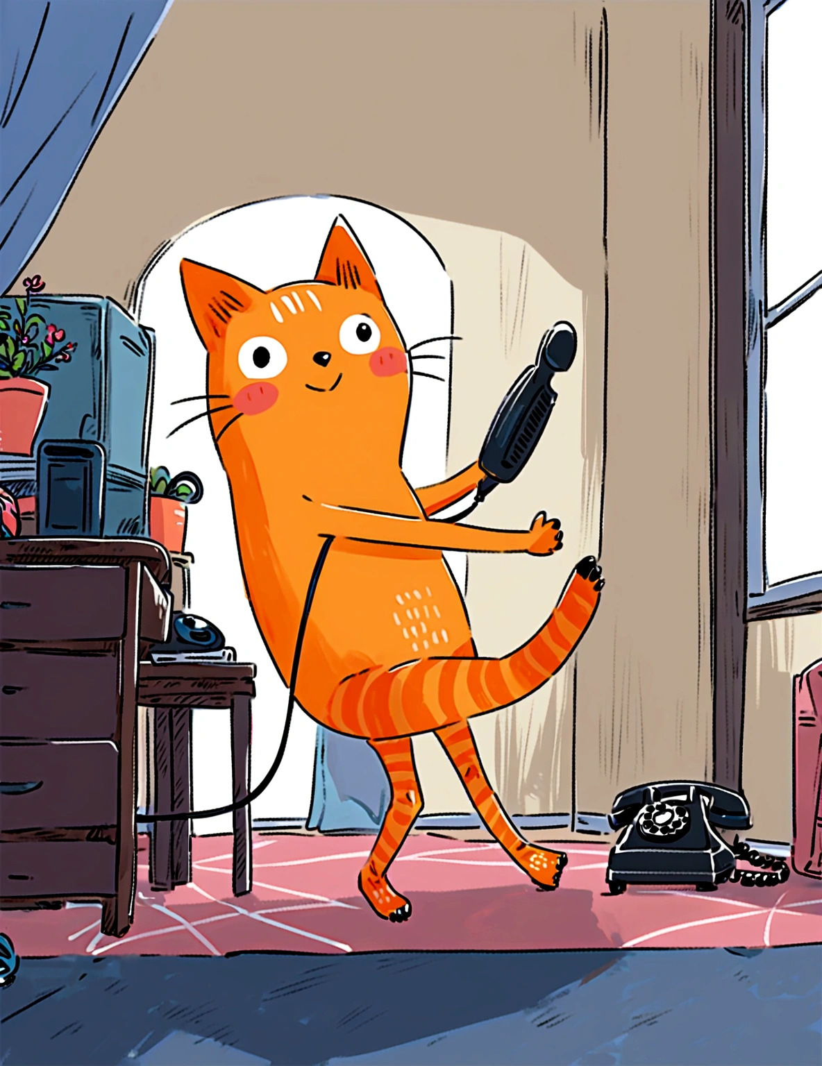 Short-limbed character, barefoot, smiling, desk, living room, telephone