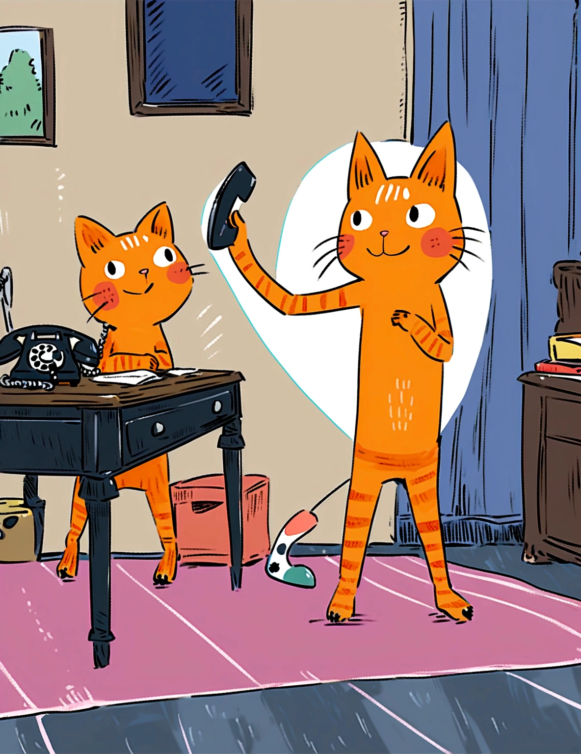 Short-limbed character, barefoot, smiling, desk, living room, telephone