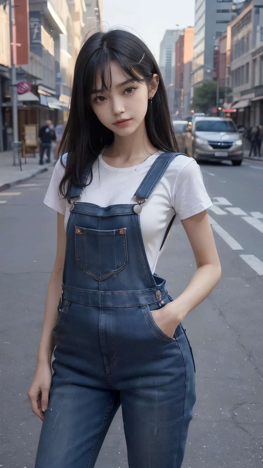 ((In the city:2.0)), ((Backwards:2.0, Point your ass to the camera:2.0)), ((overalls:2.0)), (Clothing:2.0, overalls:2.0, Sleeveless T-shirt:1.8, sneakers:1.5), ((In the city:2.0)), ((A grin:1.2, Small breasts:1.5, slender:1.5, Small Ass:1.5)), ((Japanese, 1 Girl, 18-year-old, 7 heads, Ideal body proportions, Black Hair, With bangs, Small breasts, Erect nipples, slender, Small Ass, Beautiful feet, Skinny Legs)), Surrealism, Cinematic Lighting, Depth of written boundary, First Person View, Boobs F/1.8, 135mm, Ticker, Mastepiece, Curate, ((Anatomically correct:1.3)), Textured skin, Super Detail, High detail, High quality, Awards, Best Quality, High resolution, 8K