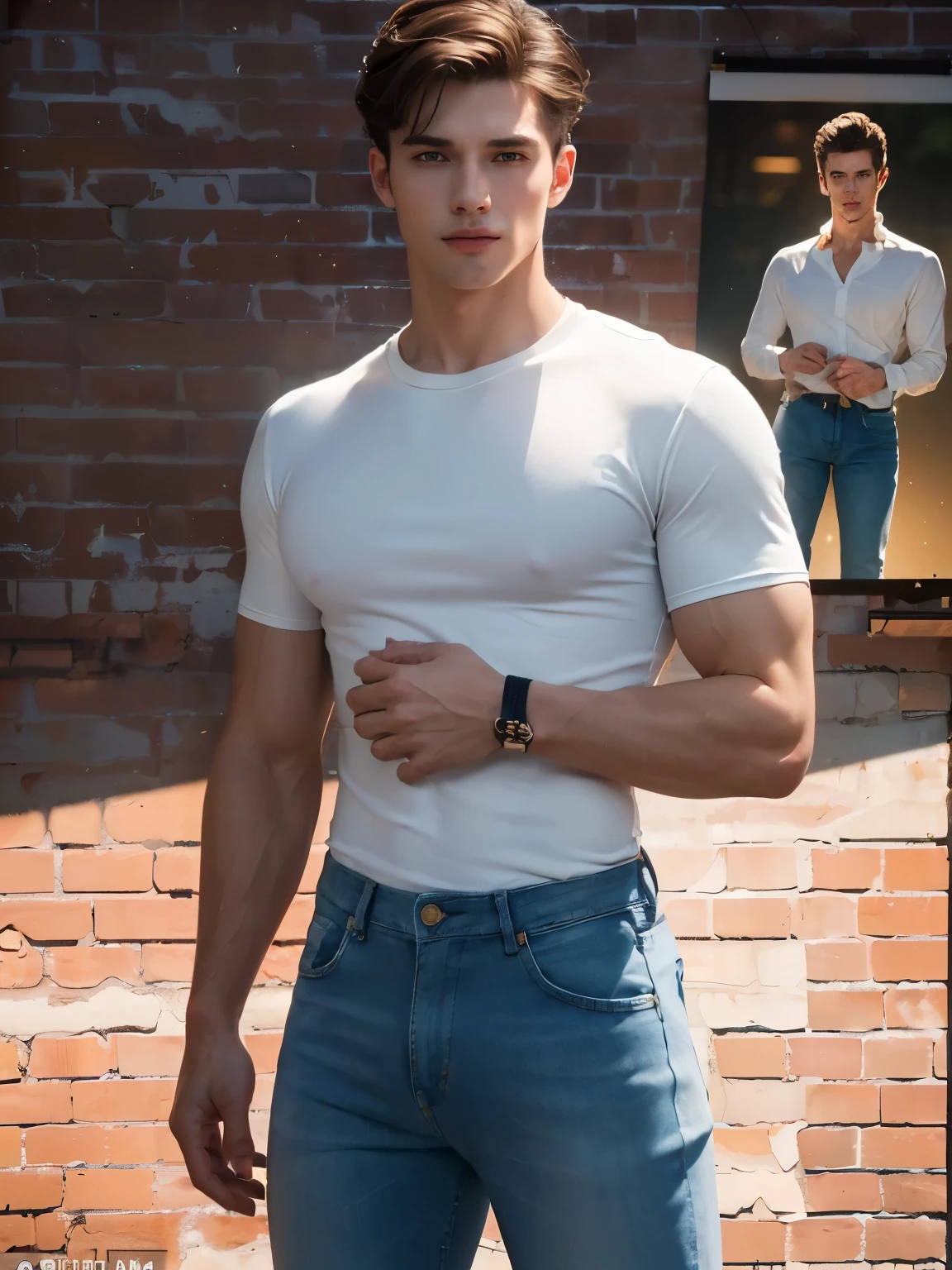 (Masterpiece, Hyperrealistic, 8k, HDR, RAW), ((Natural illumination)), sunset illumination, warm illumination, ((Standing)), (((A brick wall covered with posters at background))), ((handsome man)), American boy, bad boy, ((Pale skin)), 21 years old, ((White Tight shirt)), ((Denim trousers)), ((Short hair)), ((Toned muscular body)), ((Brown hair)), sexy face, sexy grin, perfect anatomy